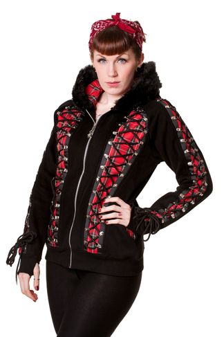 RED TARTAN CORSET BLACK HOODIE - BANNED - PUNK&GOTHIC KLEDING