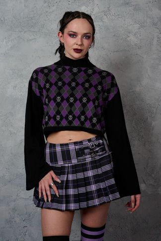 Banned Black/Purple Skull Argyle Crop Jumper