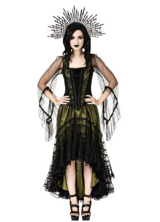 Sinister  1275 Lange gothic jurk Zwart/Olijfgroen