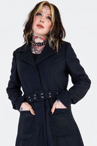 Zon en maan geborduurde mantel jas met riem