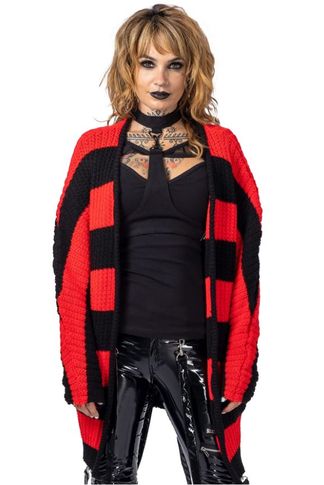 In a daze cardigan vest lang zwart/rood 