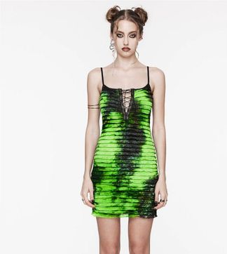 Punkrave grunge ruffled tie-dyed slip jurk (groen)