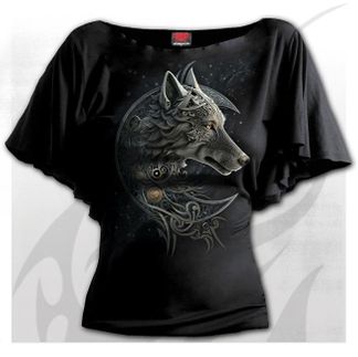 Spiral Celtic wolf boat neck bat sleeve top zwart