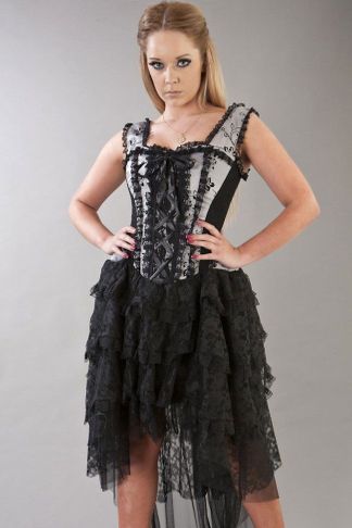 Ophelie victorian gothic corset dress in silver satin flock