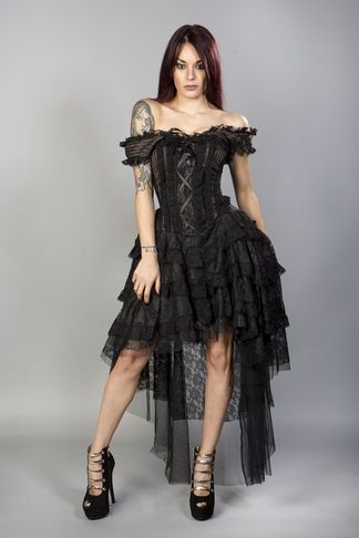 Ophelie burlesque korset jurk in bruin gestreept brokaat & zwart kant