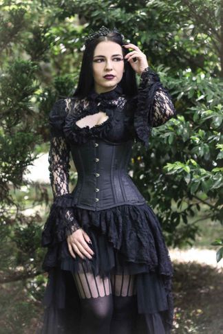 Morgana onder-borst corset zwart king brokaat & zwart taffeta