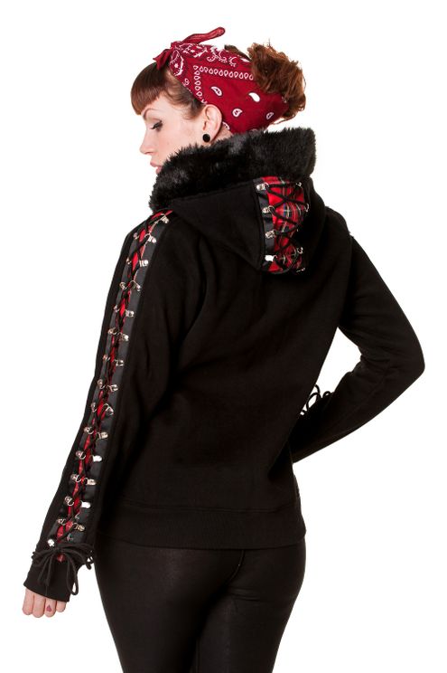 RED TARTAN CORSET BLACK HOODIE - BANNED - PUNK&GOTHIC KLEDING - Babashope - 3