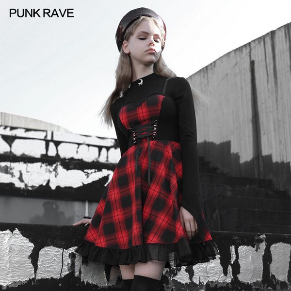 Punk rave red tartan braces dress - Babashope - 5
