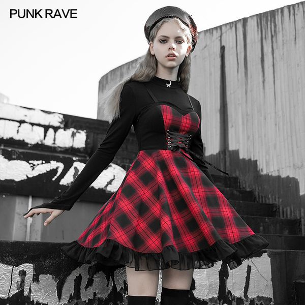 Punk rave red tartan braces dress - Babashope - 5