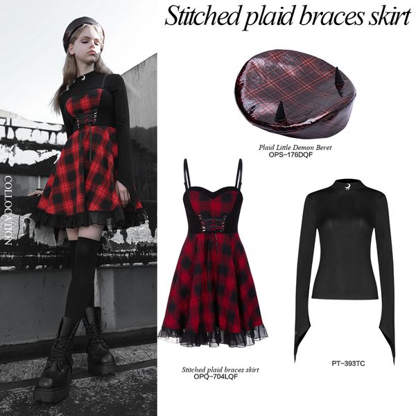 Punk rave red tartan braces dress - Babashope - 5