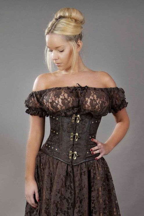 C lock onderborst steampunk corset bruin konings brokaat - Babashope - 3
