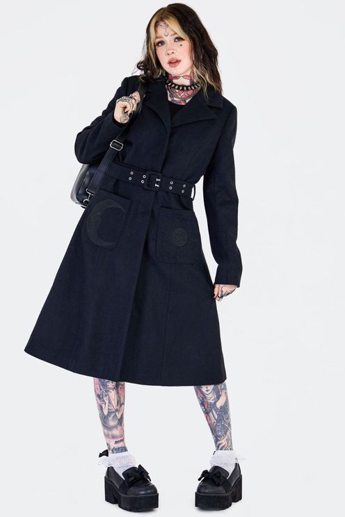 Zon en maan geborduurde mantel jas met riem - Babashope - 5