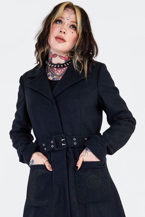 Zon en maan geborduurde mantel jas met riem - Babashope - 5