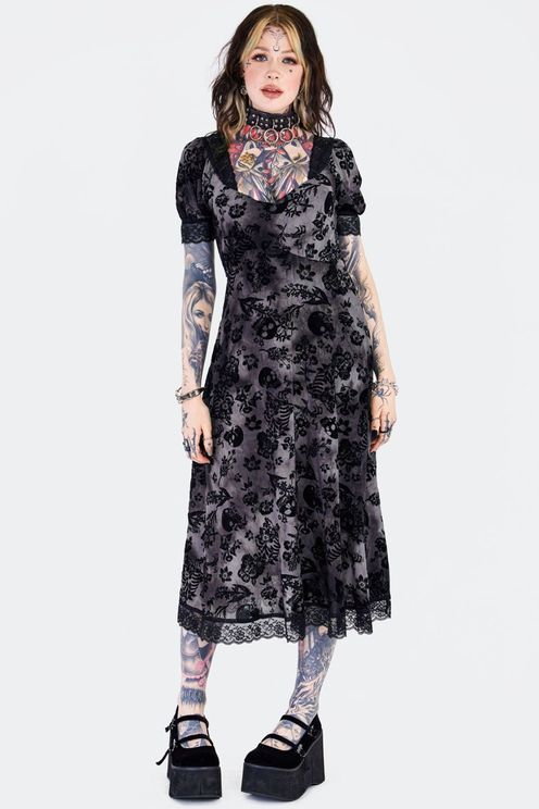 Flocked skull en kant midi jurk - Babashope - 3