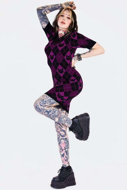 Jawbreaker Argyle Cat Knitted Polo Dress - Babashope - 5