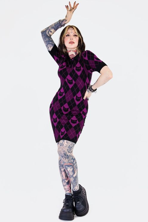 Jawbreaker Argyle Cat Knitted Polo Dress - Babashope - 5