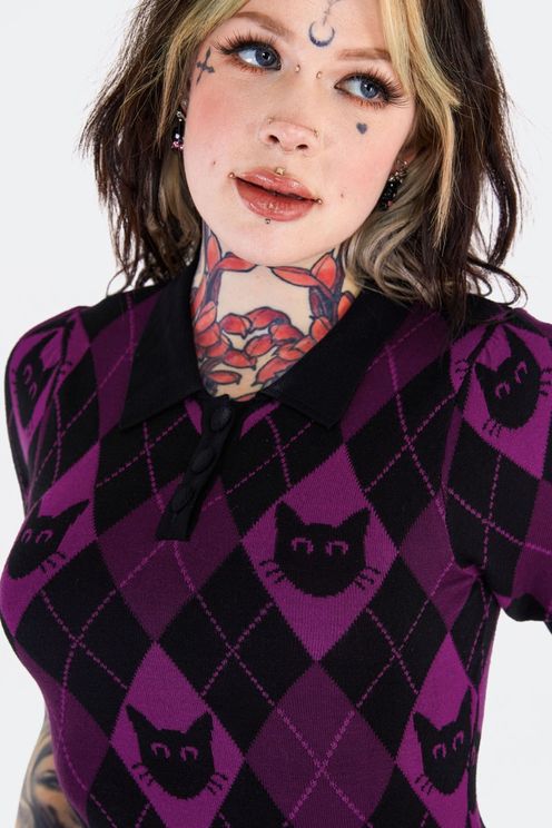 Jawbreaker Argyle Cat Knitted Polo Dress - Babashope - 5