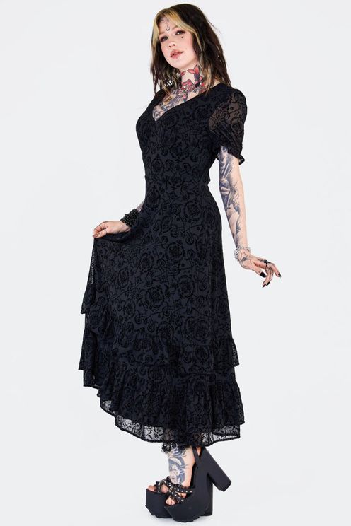 Devore Ruffle Hem Gothic jurk - Babashope - 5