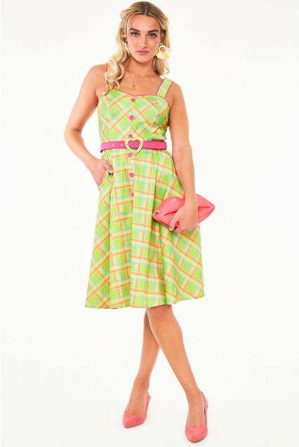 Vita 1950s Rainbow Green Tartan Swing Dress - Babashope - 6