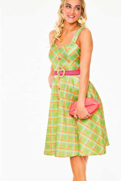 Vita 1950s Rainbow Green Tartan Swing Dress - Babashope - 6