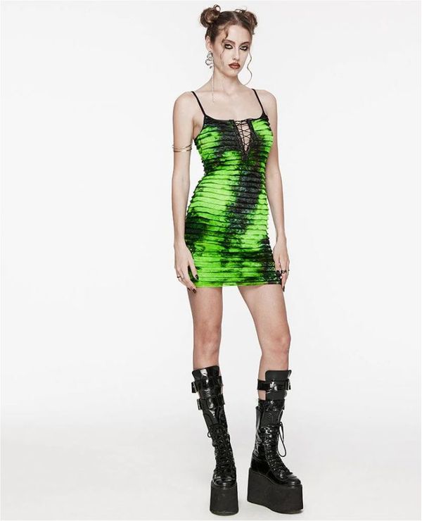 Punkrave grunge ruffled tie-dyed slip jurk (groen) - Babashope - 7