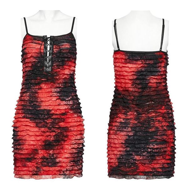 Punkrave Grunge ruffled tie-dyed jurk (red) - Babashope - 7