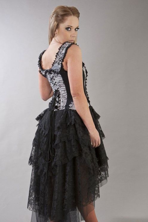 Ophelie victorian gothic corset dress in silver satin flock - Babashope - 3