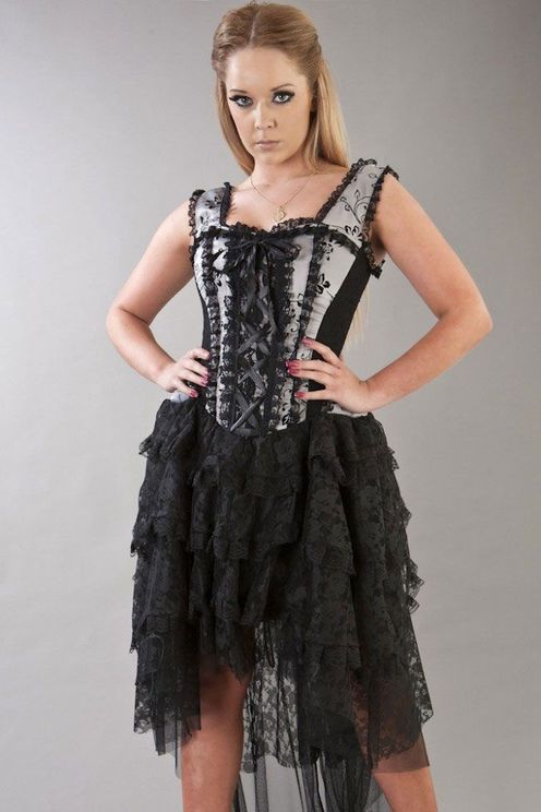 Ophelie victorian gothic corset dress in silver satin flock - Babashope - 3