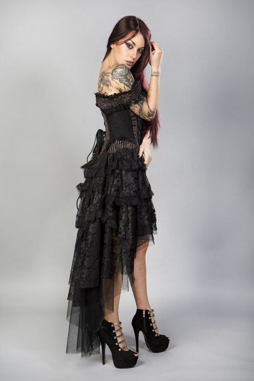 Ophelie burlesque korset jurk in bruin gestreept brokaat & zwart kant - Babashope - 4