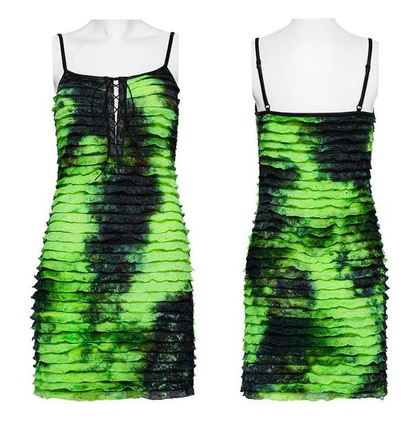 Punkrave grunge ruffled tie-dyed slip jurk (groen) - Babashope - 7