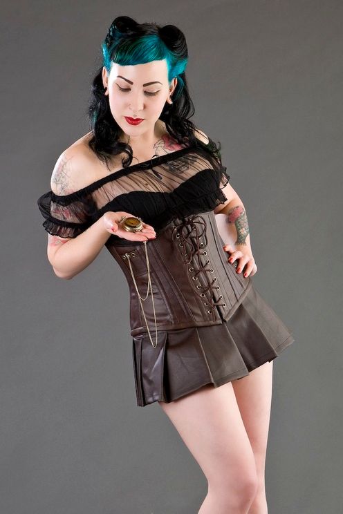 Steampunk underbust in matt brown, with brass pocket watch. Lace up front and back with modesty panel - Babashope - 2
