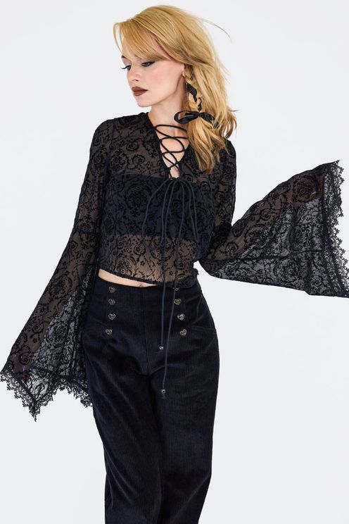 Zwart kanten trompet sleeve gothic top - Babashope - 5