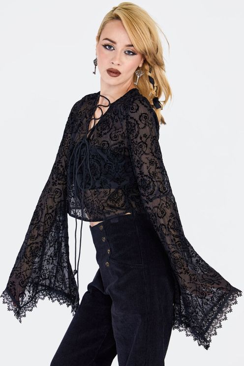 Zwart kanten trompet sleeve gothic top - Babashope - 5