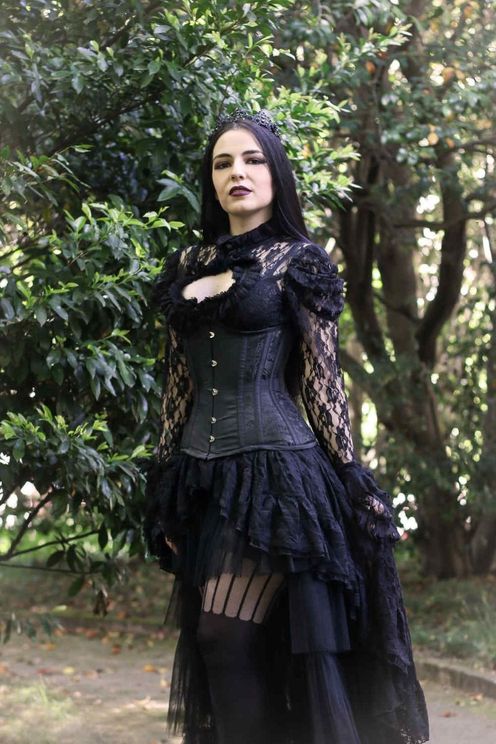 Morgana onder-borst corset zwart king brokaat & zwart taffeta - Babashope - 4