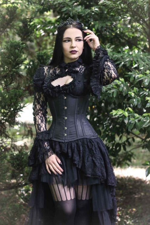 Morgana onder-borst corset zwart king brokaat & zwart taffeta - Babashope - 4